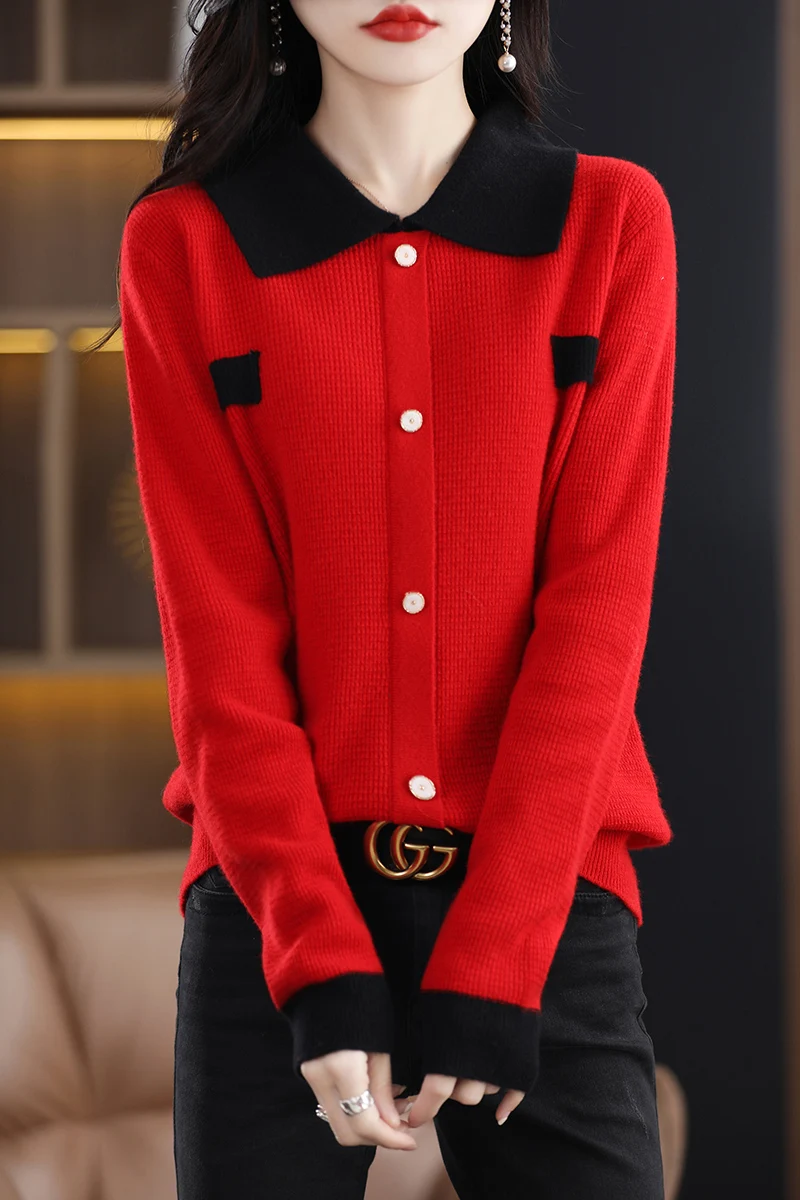 Autumn and winter new 100% pure wool knitted women's doll collar color blocked wool simple and fashionable versatile cardigan