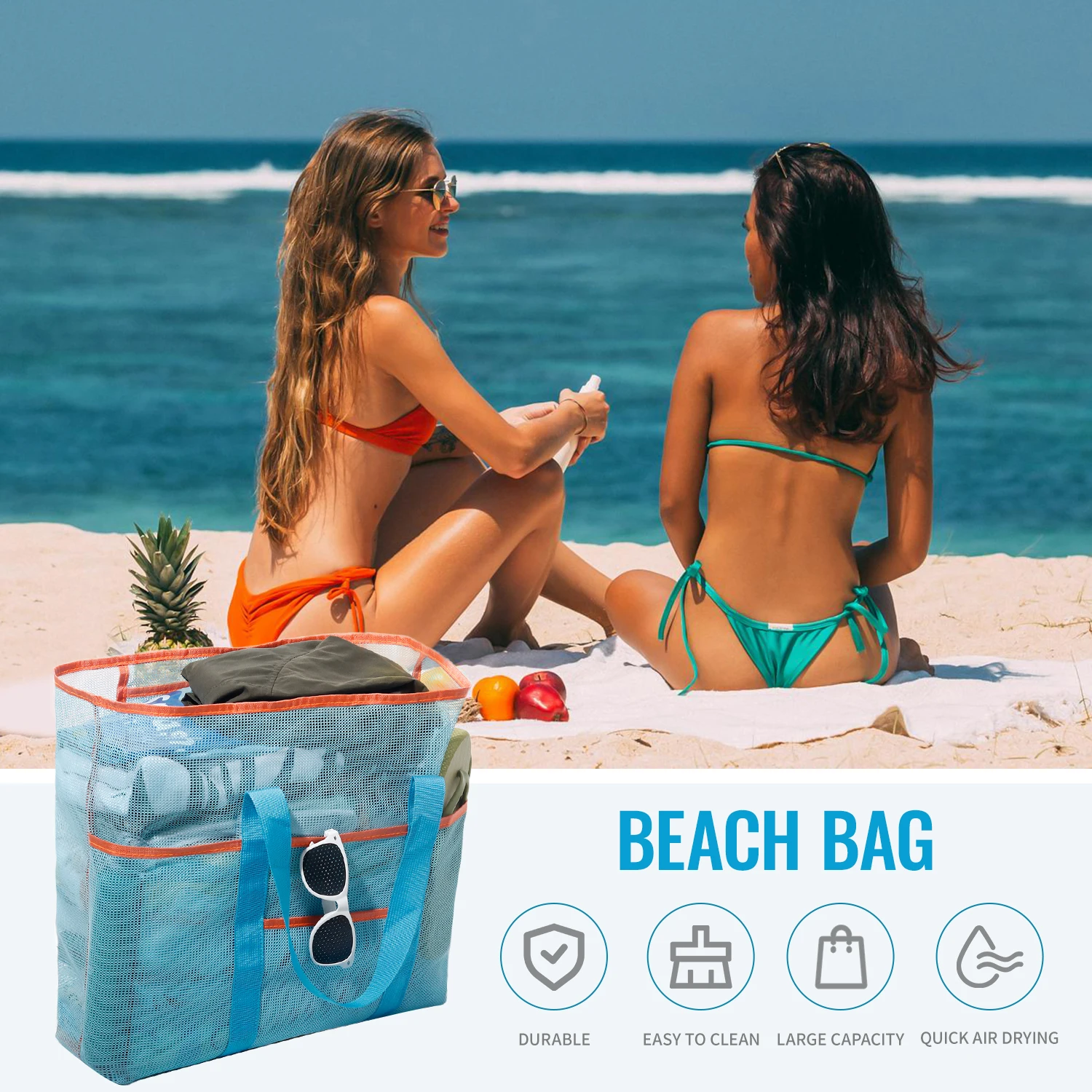 

Extra Large Mesh Family Beach Bag - Lightweight, Foldable Tote with 5 Pockets, Ideal for Pool, Swim, Travel & Vacation
