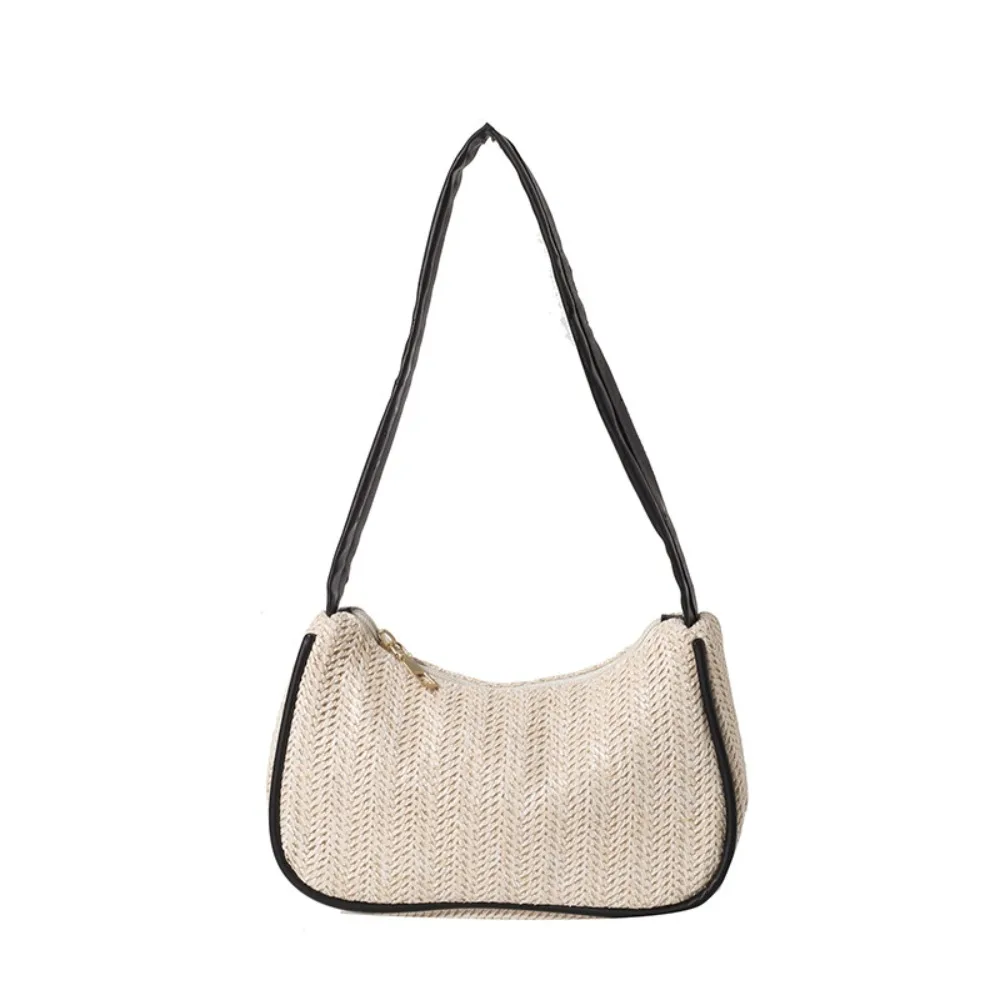 

Trendy Bohemian Straw Shoulder Bag Elegant Portable Beach Handbag Casual Zipper Weave Straw Underarm Bag Women