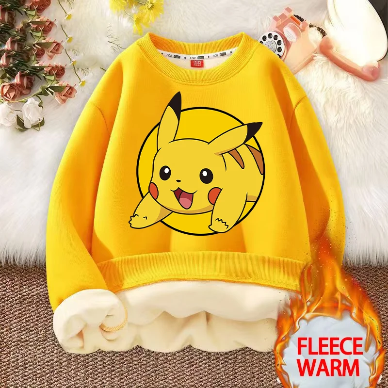 Pokemon Pikachu Lamb Wool Hoodie for Children Cartoon Anime Round-neck Sweatshirt Boys Girls Winter Warm Clothing Kids Clothes