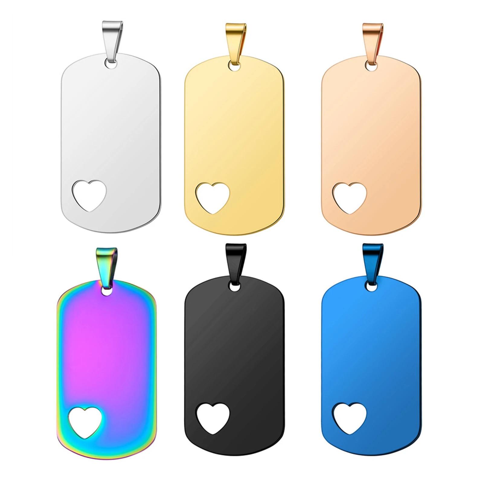 5pcs No Fade Military Army ID Wholesale Stainless Steel Heart Blank Dog Tags Pendant Rectangle Necklace Jewelry 24*40mm 6 Colors