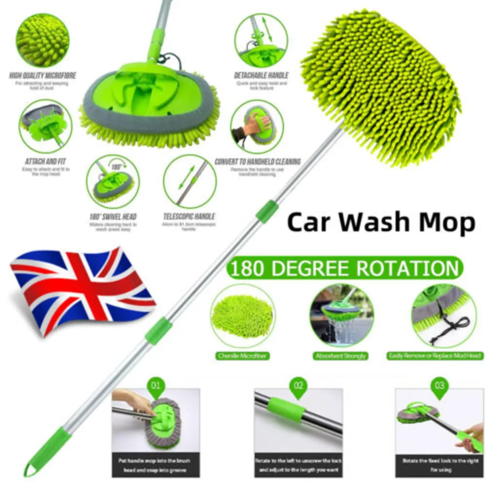 Telescc Car Cleaning Brush Soft Microfiber Wash Kit +3 Mop Heads