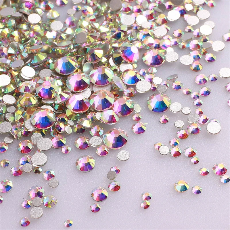 1440Pcs Mix Size Glass Flatback Rhinestone Glitter Round Crystal AB Stones Black Glue On Rhinestone for DIY Nail Art Decoration