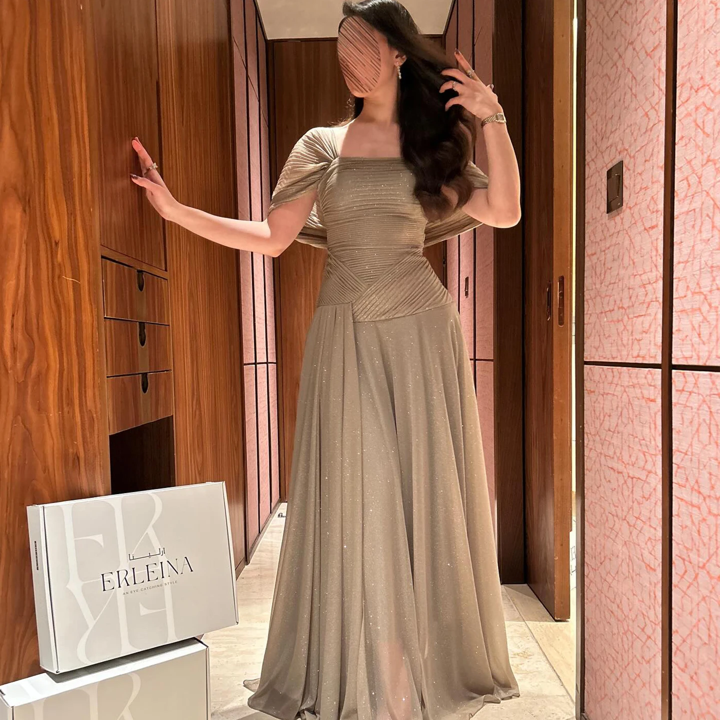 Remote Moon Square Neck Short Sleeve Ruched Khaki Chiffon A-Line Evening Dress 2026 Floor-Length Prom Party Gown MN550 Customize