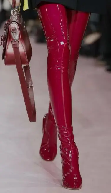 Fashion Patent Leather Over The Knee Boots Back Zipper Round Toe Woman Transparent Square Heel Long Boots