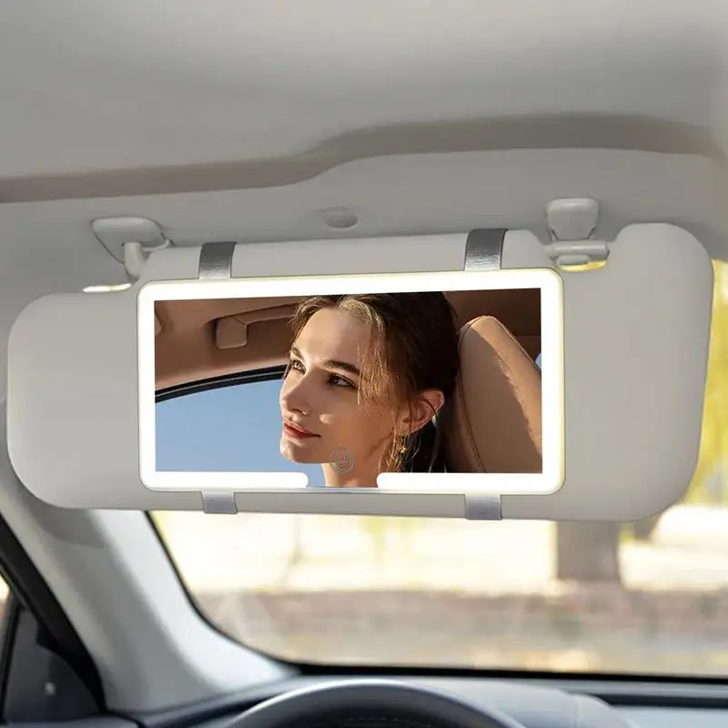 Car Vanity Mirror With LED Lights LED Car Visor Mirror For Makeup Rechargeable Touch Control Dimmable Light Up Car Mirror For