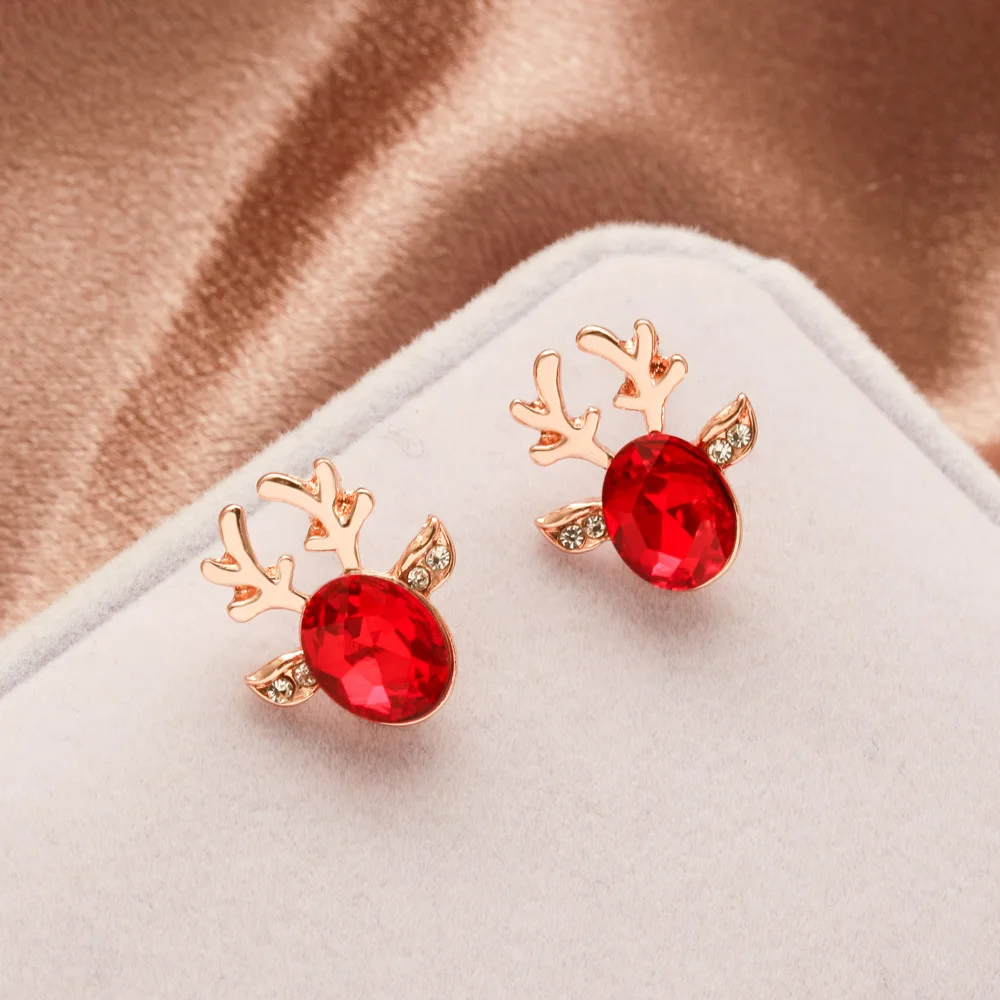 Lovely Xmas Deer Oval Crystal Reindeer Stud Earrings for Women Christmas Jewelry Colorful Rhinestone Cartoon New Year Earring