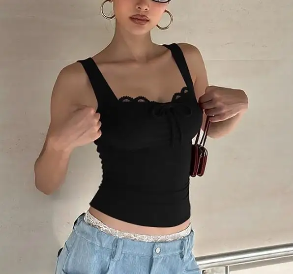 

Women's fashionable and sexy lace lace tie bow slim camisole tank top, 2026 summer new women's clothing