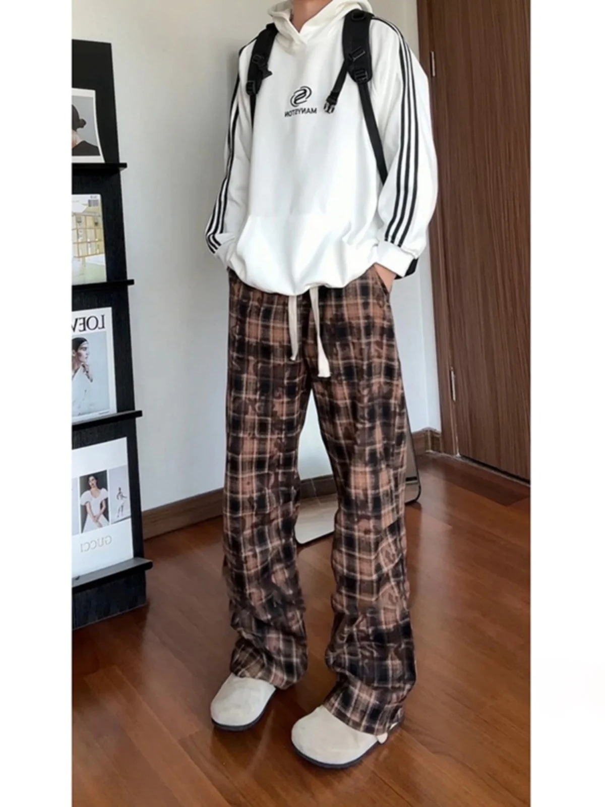 

Vintage Plaid Men's Casual Pants Autumn Spring Wide Leg Striped Color Blo Drapey Straight Cut Loose Fit Teen Faion