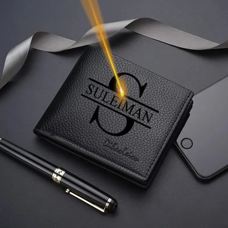 Personalized Custom Name Men Lychee Print Short Wallet Casual Zipper Credit Card Purse with Multi Slot ID Holder and Coin Pocket