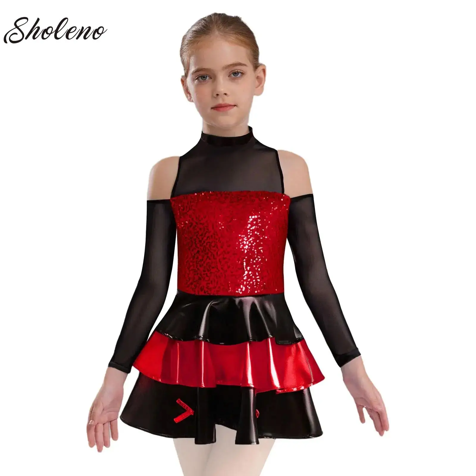 

Kids Girls Jazz Dance Performance Costume Spark Sequins Tiered Ruffled Skirted Tutu Ballet Leotard Children Gymnastics Dancewear