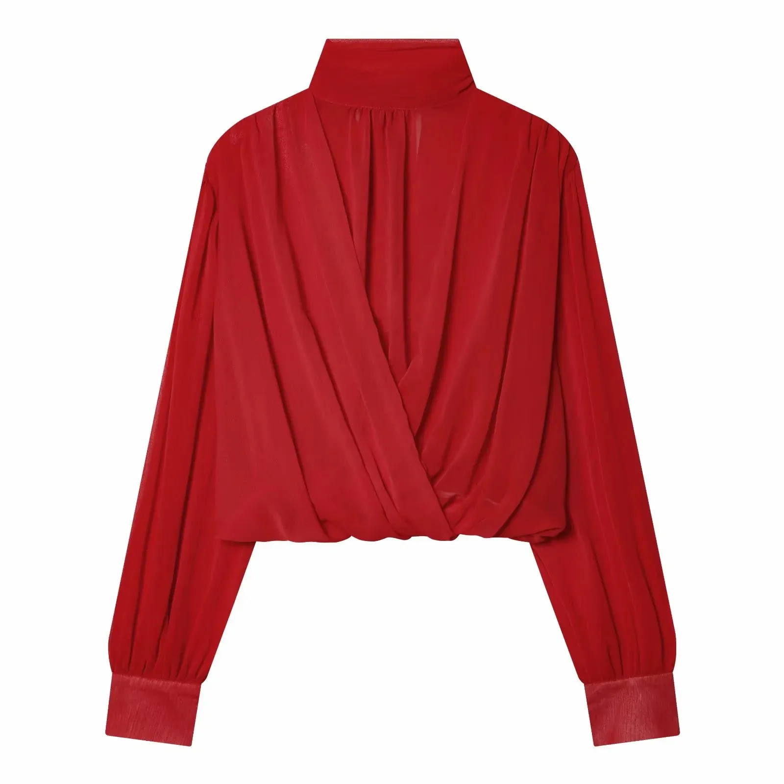 Damen Perspektiv-Hemden und -Tops: Modische, lockere, langärmelige, elegante Frühlingsblusen mit schickem Stehkragen für Frauen – Detail 5