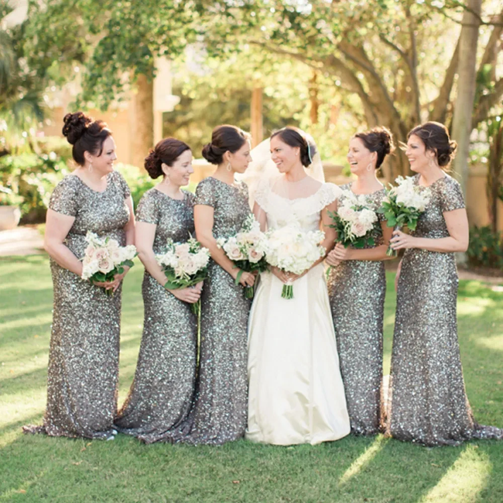 Vestidos de dama de honor largos con lentejuelas grises brillantes, sirena hasta el suelo, África, árabe, fiesta de invitados de boda, vestido de graduación, manga corta