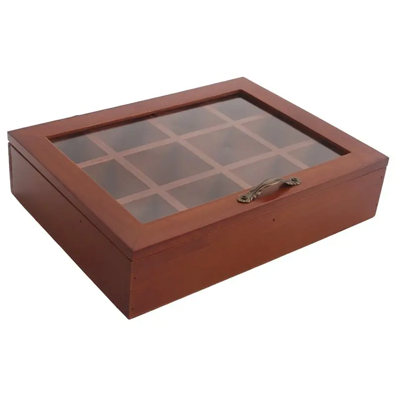 12 Grids Wooden Tea Bag Holder Sugar Packets Storage Case Instant Coffee Bag Boxes With Clear Lid Eco-Friendly