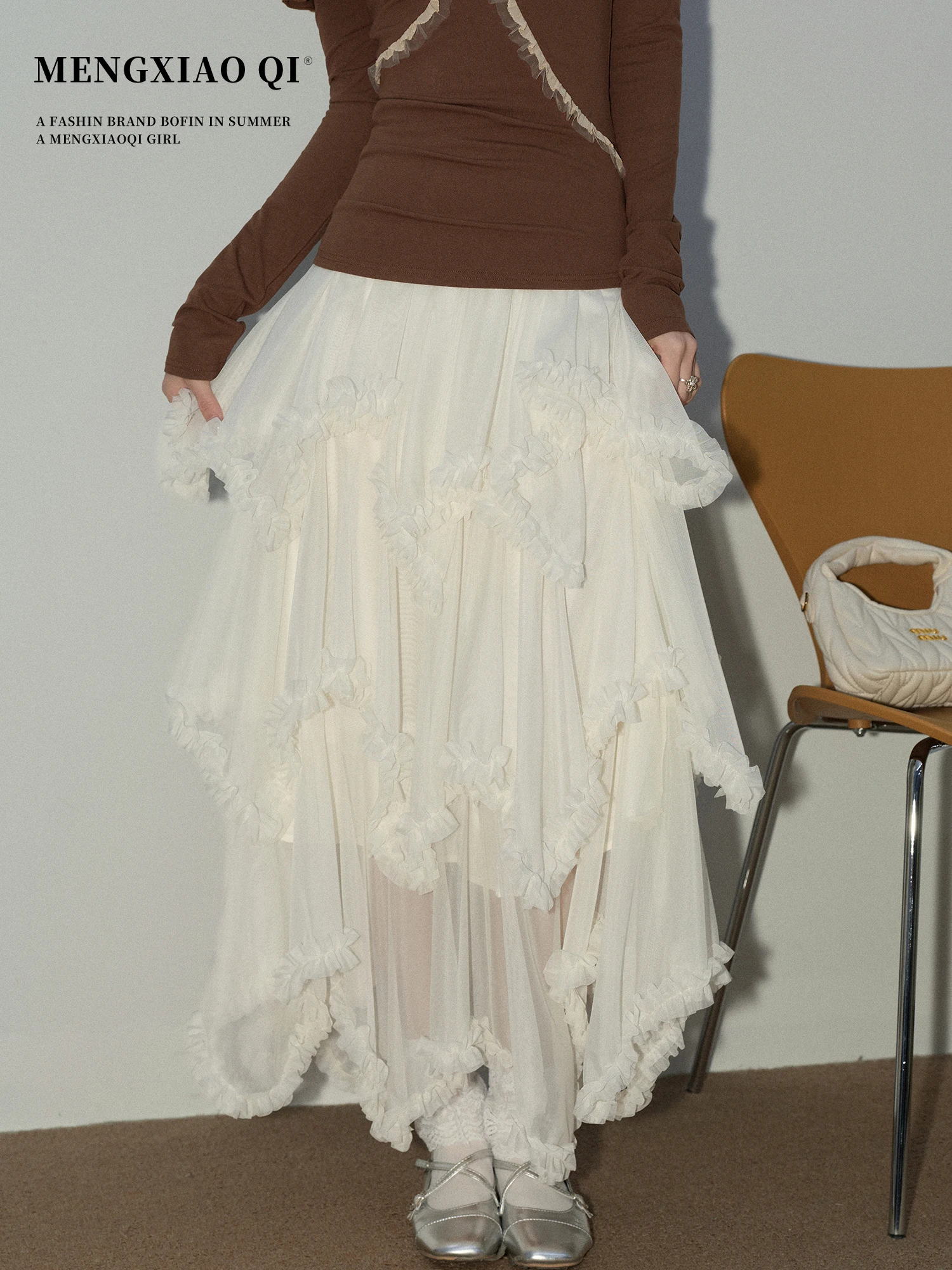 

Юбка с кружевной отделкой и высокой талией Meng Xiaoqi Design, женская многослойная юбка-тортик для ранней весны, длинная юбка в стиле Sweet Fairy