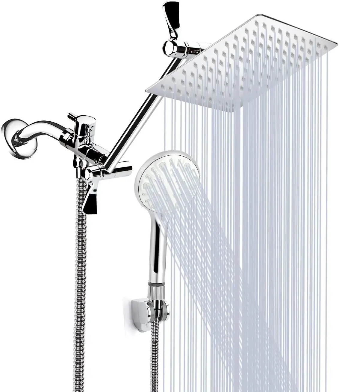 

Shower Head, 8 Inch High Pressure Rainfall Shower Head/Handheld Shower Combo with 11 Inch Extension Arm, Holder/Hose