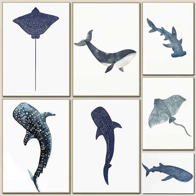 1pc Frameless Modern Minimalism Whales Sharks Marine Animals Art Posters Canvas Printing Living Room Bedroom Room Home Decoratio