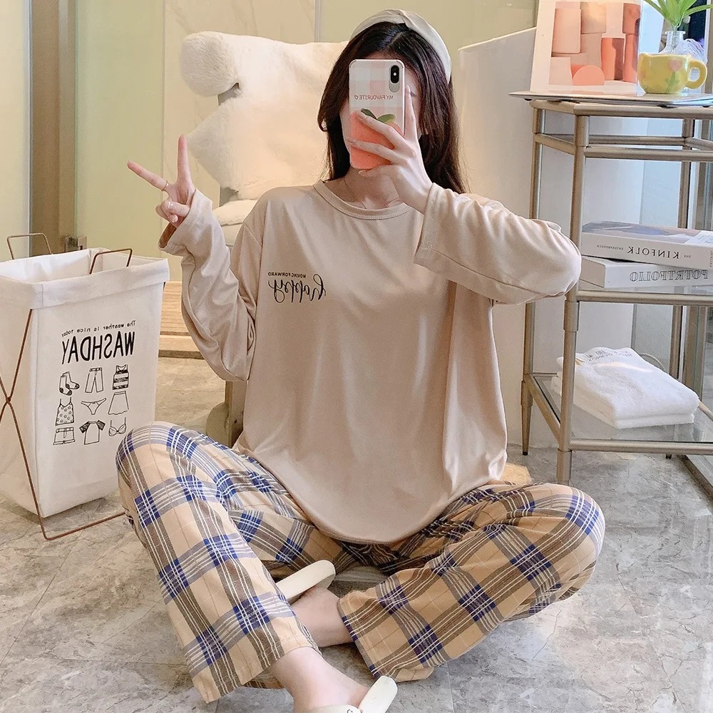 New Women's Pajamas Two-Piece Female Spring And Autumn Summer Long-Sleeved Trousers Suit Simple And Can Be Worn Outside Homewear