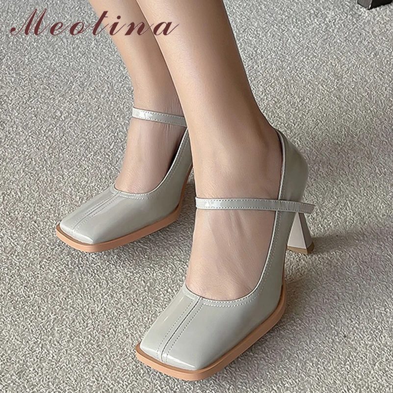 

Meotina Women Genuine Leather Square Toe Pumps Thick High Heels Shallow Ladies Fashion Spring Autumn Shoes Green Pink 40