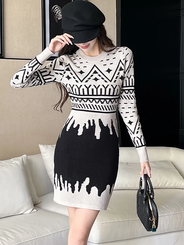 가을 겨울 레드 프린트 니트 긴팔 드레스 여성 우아한 바디콘 힙 랩 섹시 드레스 2025 한국 빈티지 페스티벌 드레스