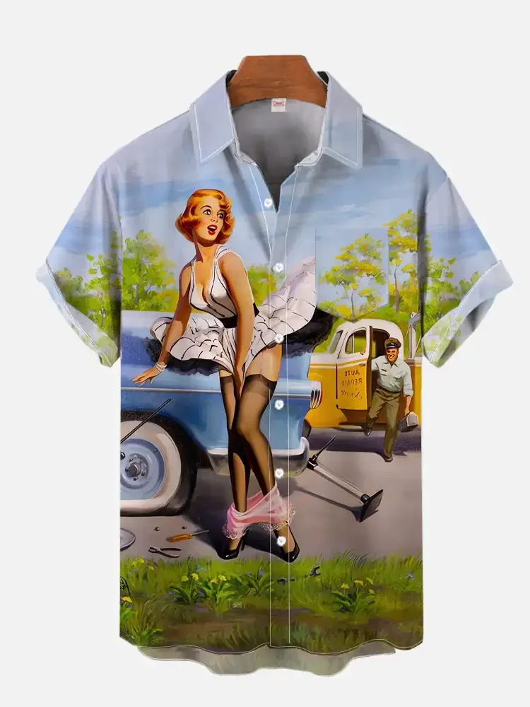 Chemise hawaienne homme tissu fluide leger col revers impression pin up bombe retro coupe ample tenue plage vacances