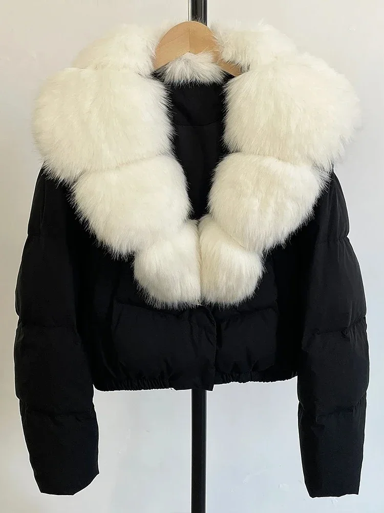 Faux Pelz Kragen Puffer Jacke Mode Gefälschte Pelz Frauen Pelzmantel Umweltfreundliche Winter Kurze Weiße Ente Unten Jacke Warme Kleidung