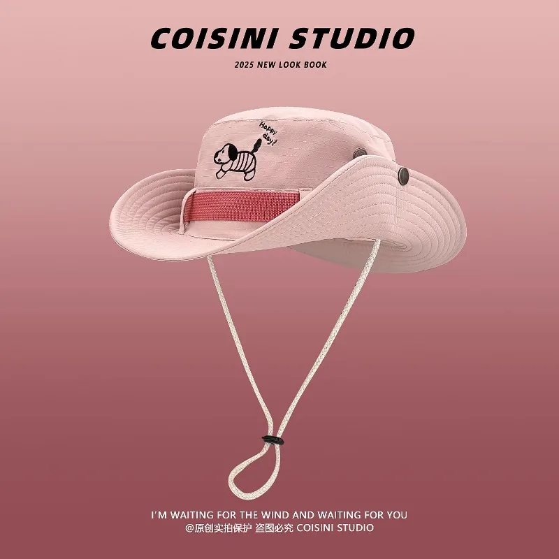 

Korean Version Cartoon Dog Embroidery Climbing Bucket Hat Men and Women Summer Outdoor Camping Mountaineering Western Cowboy Cap