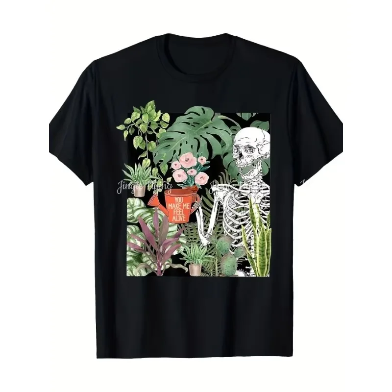 T-shirt à manches courtes et col rond 100 % coton avec motif de plantes squelettiques originales en noir, design amusant « You Make Me Feel Alive »