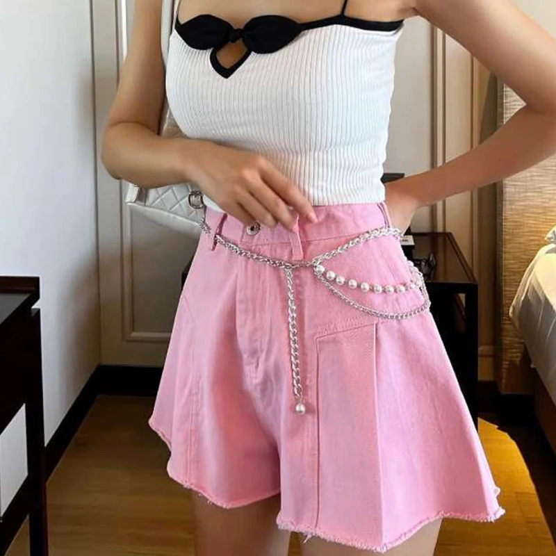 

High Waist A-Line Denim orts Women's Summer New Vintage Versatile Wide Leg Chopin Design Chic Flared Denim orts