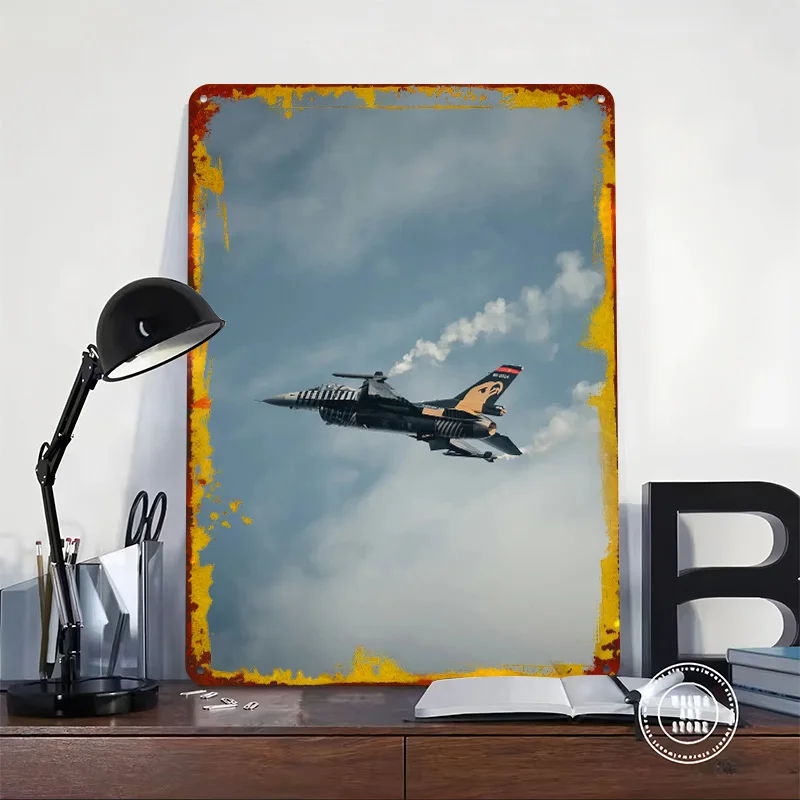 F-16 Fighting Falcon in Flight Tin Plaque Poster Customized Wall Art Retro Vintage Metal Signs for Man Cave Desk Decor Wand Deko