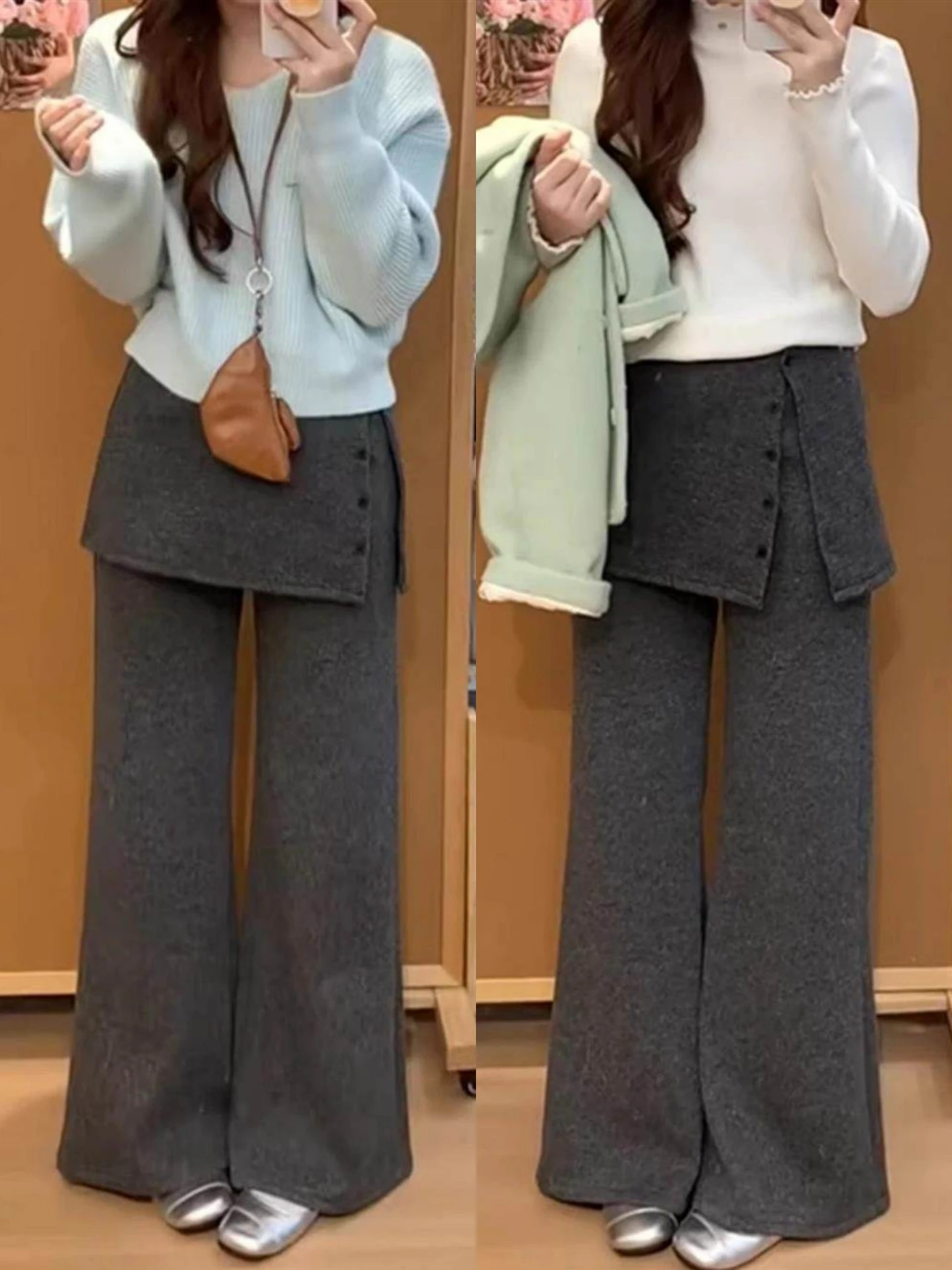 

Женские шерстяные утепленные брюки больших размеров с широкими штанинами, имитация двухслойности, с высокой талией, повседневные, осенне-зимние