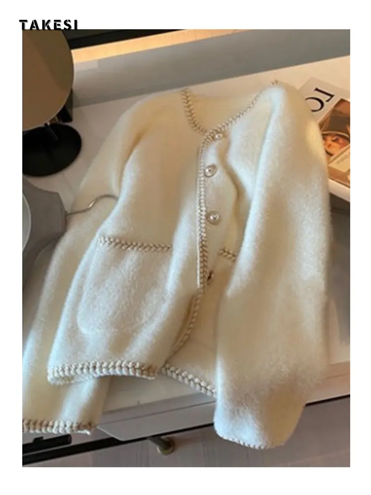 Autumn White Cashmere Wool Loose Jacket Women Fashion Women High-end Elegant Single Breasted Cardigan Coats Female Ladies