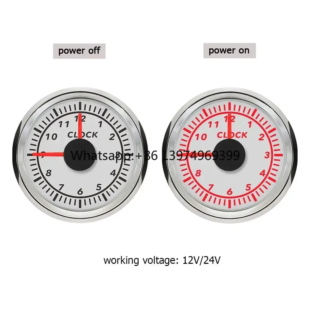 Waterproof 52mm Diameter 12-Hour  Meter Clock Gauge Black Backlight 12V 24V Compatible for Autos Marine