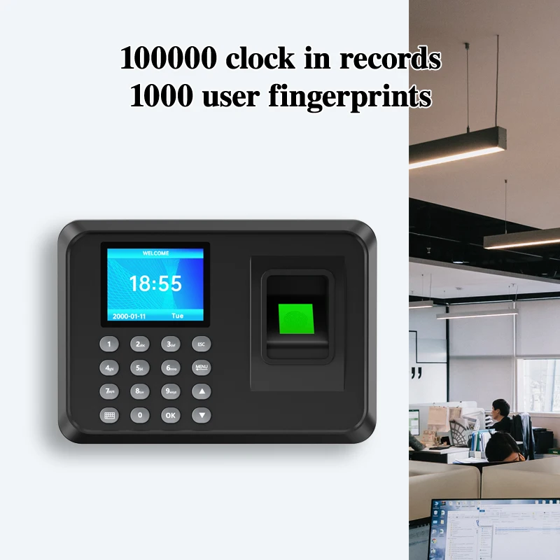 جهاز حضور وانصراف ببصمة الإصبع مقاس 2.4 بوصة يدعم 15 لغة 100000 ساعة في السجلات ووقت حضور الموظف وإدارة بيانات USB