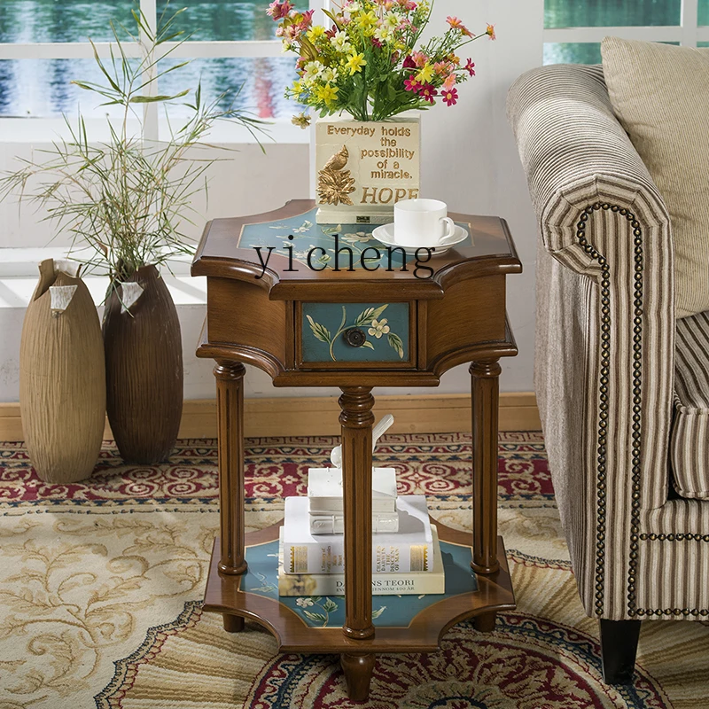 ZK European and American sofa side table Telephone table Sofa side cabinet Mediterranean retro painted flower table