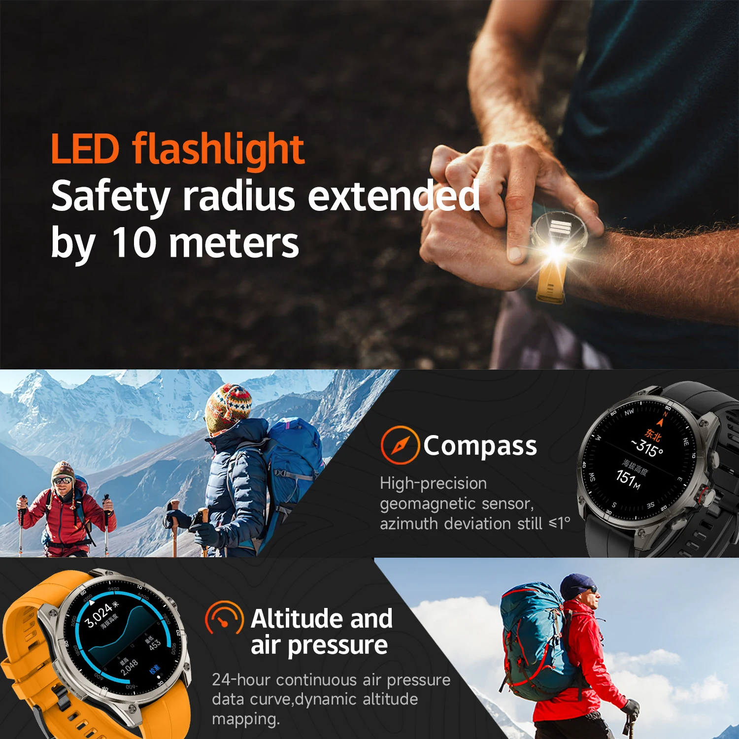 2025 New outdoors GPS Smart Watch Ultra HD AMOLED Display LED flashlight Built-in GPS BT Call 5ATM Waterproof Smart Bracelet men
