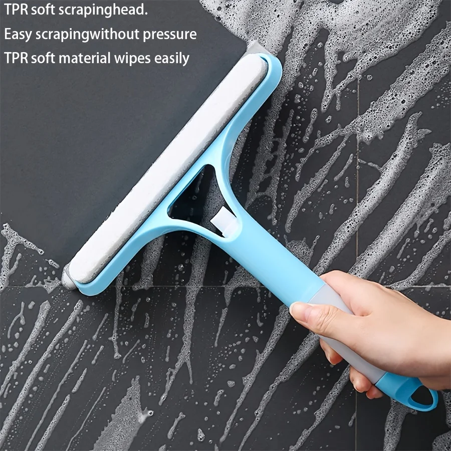 Blue 3-in-1 Window Scraper,Detachable Microfiber Pad for Scrubbing&Squeegee,Streak-Free for Glass & Shower Door, No Power Needed
