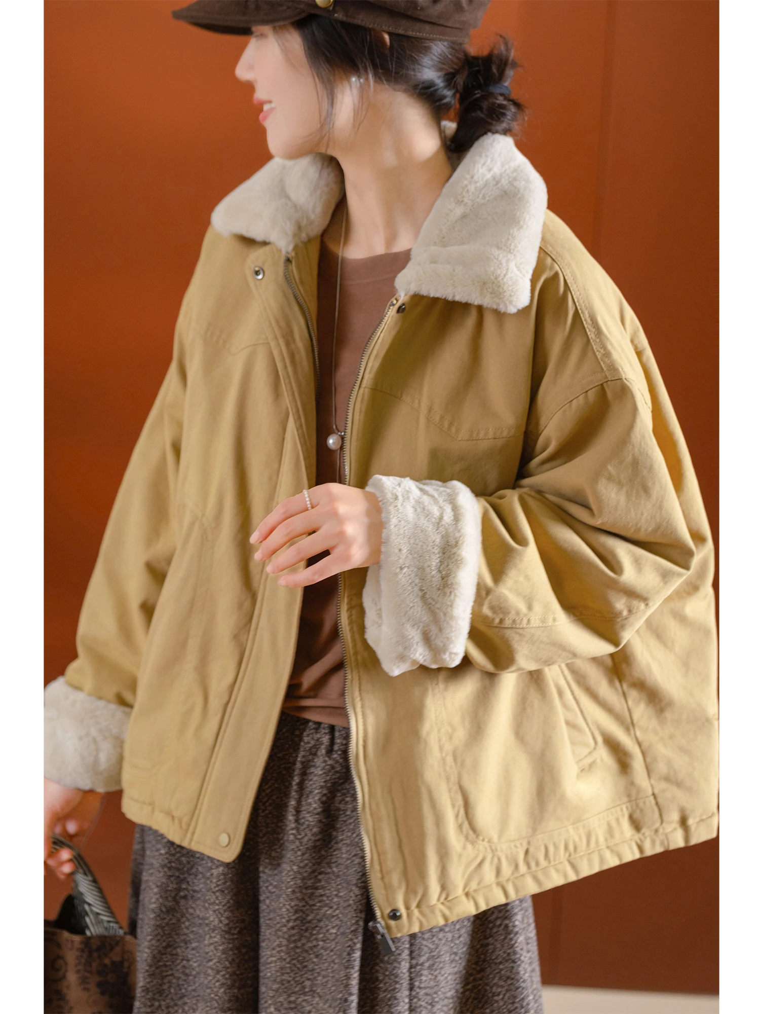 

Джинсовая куртка на флисовой подкладке с молнией и воротником, омолаживающая, свободного кроя, из хлопка, для женщин, в художественном стиле