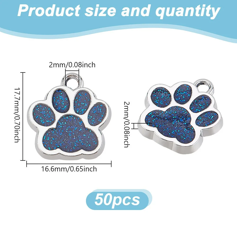 50 piezas de dijes de aleación esmaltados con purpurina, estampado de huellas de perro, azul real platino, 17.7x16.6x2mm, agujero: 2mm