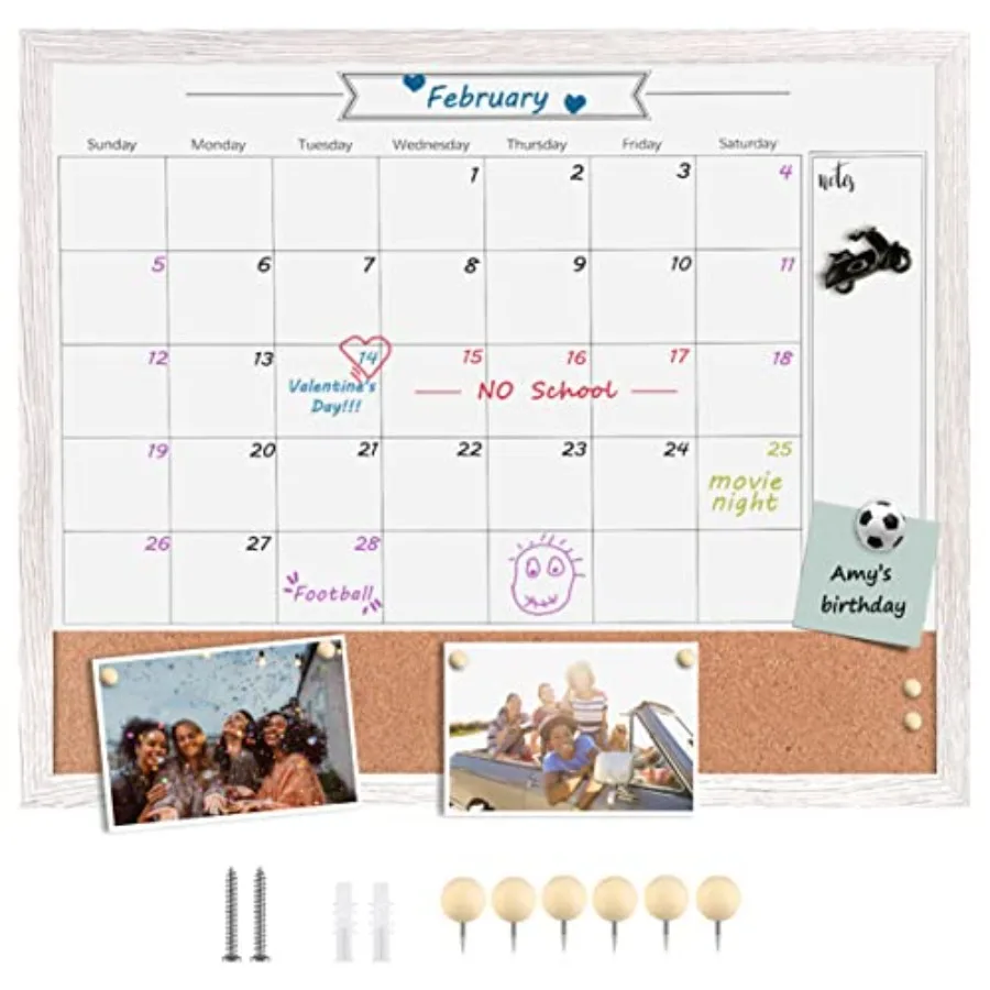 

Dry Erase Calendar board for Wall, Combination Magnetic Dry Erase Board and Bulletin Board, 23.6" x 31.5" Wood Framed Calendar/