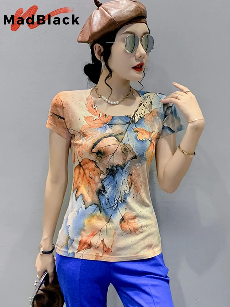 MadBlack Summer European Clothes T-Shirt Fashion Print Cartoon Leaves Women Tops Short Sleeve Street Casual Tees 2022 New T26405