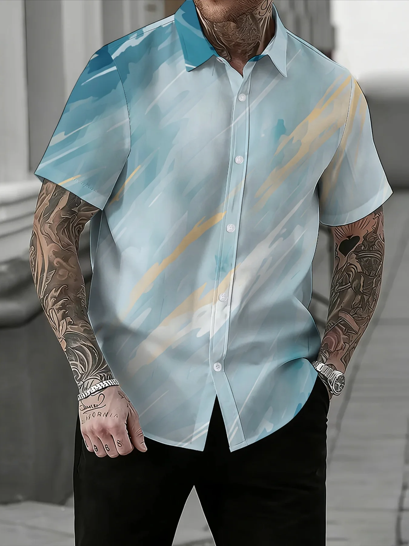 Contemporary Art Brush Stroke Men Lapel Shirt Soft Blue Gradient Golden Line Print Streetwear Short Sleeve Button Tops