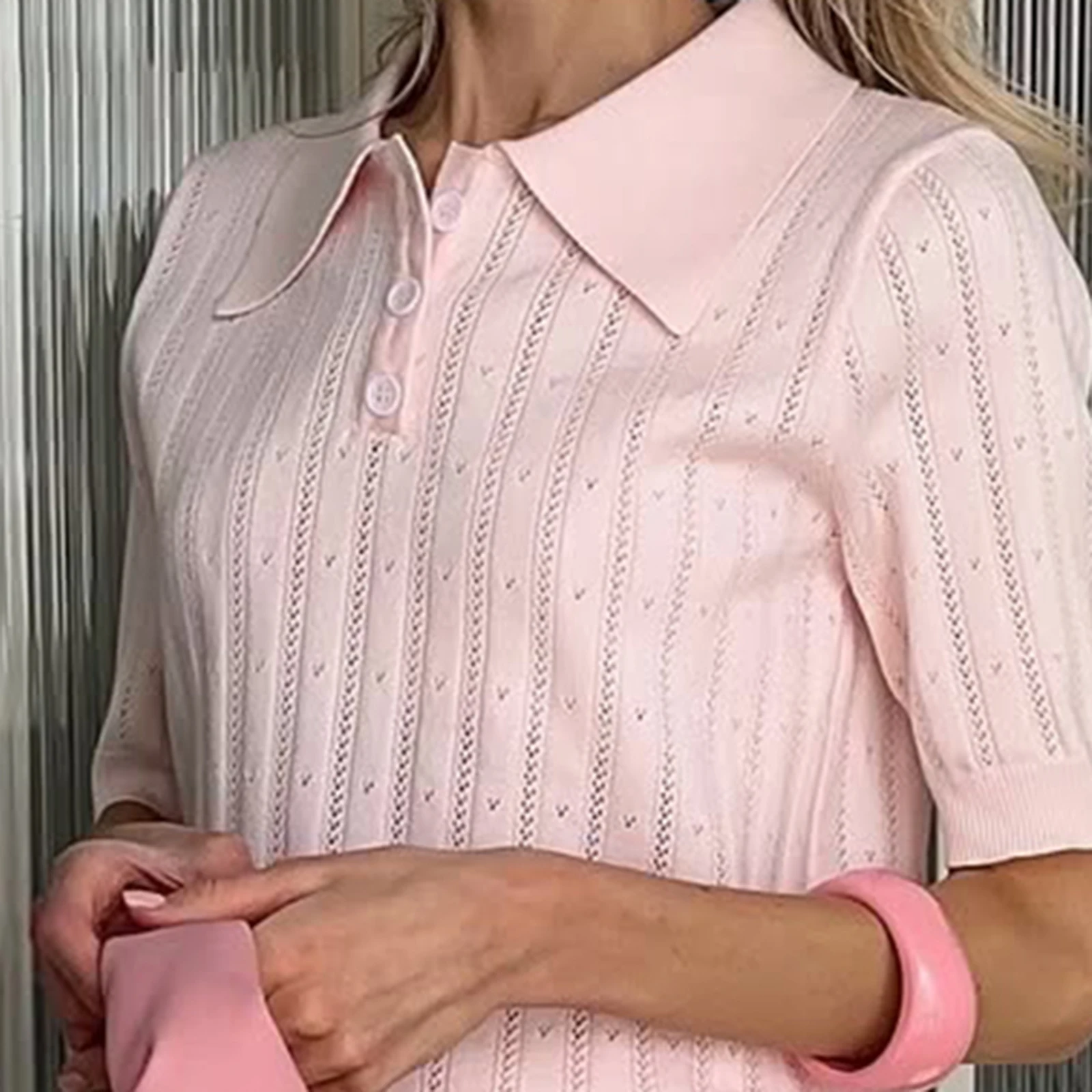 

Combhasaki Women Summer Y2K Knitwear Crop Tops Short Sleeve Button Lapel Turn Down Collar Solid Color Striped Hollow Out T-shirt