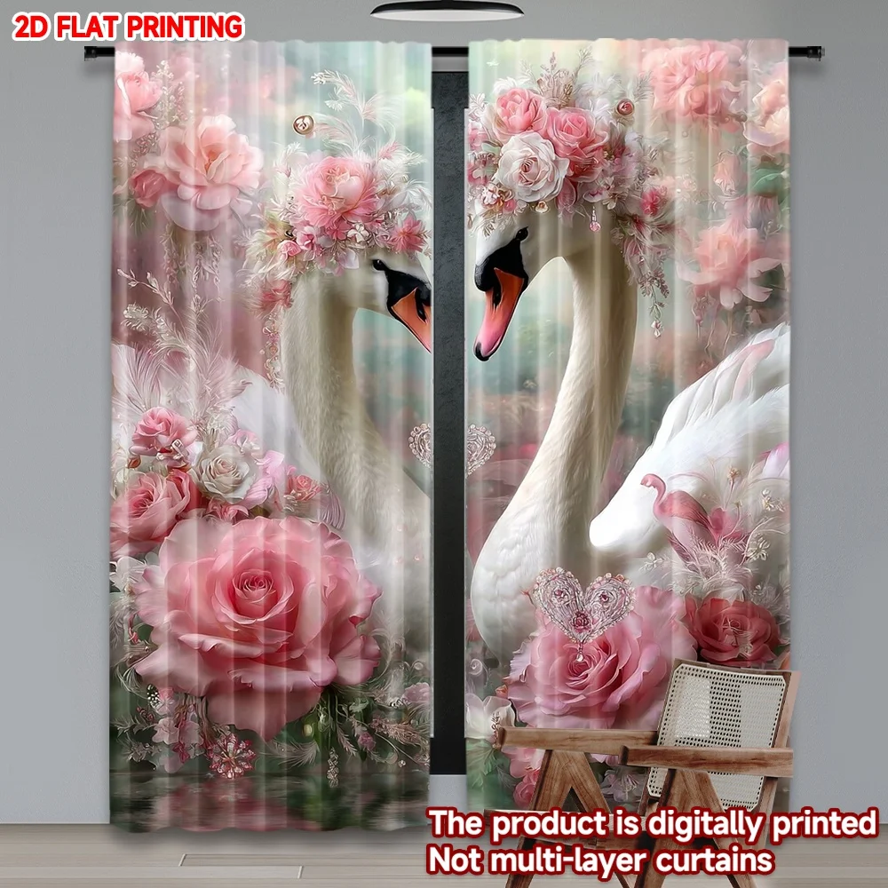 

2D flat printing 2pcs Window Curtains Romantic Swans and Roses Digital Printed Polyester Drapes Holiday Decorations for Indoor