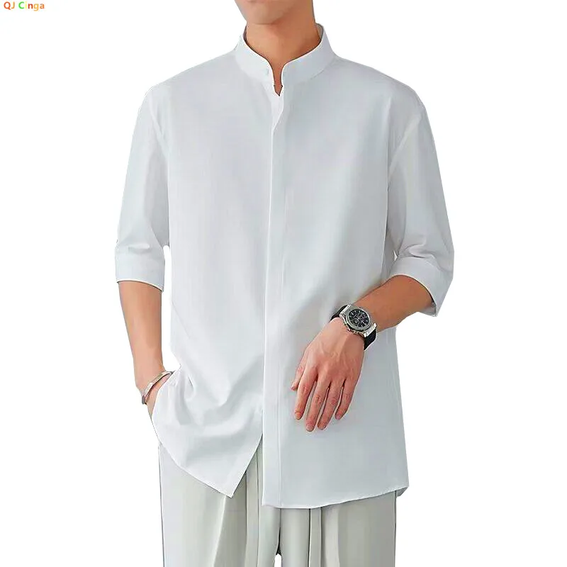 

Summer White Men's Half-sleeved Shirt, Black Stand-up Collar Slightly Stretchy Shirts, Fashionable Casual Top.