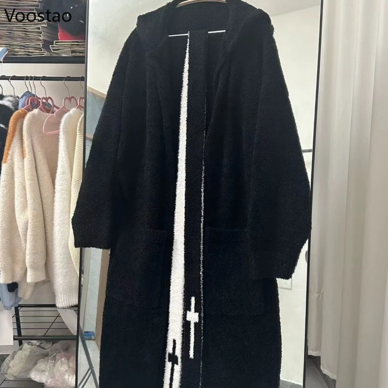 Y2k Esthetiek Lolita Stijl Lang Gebreid Vest Vrouwen Gothic Grunge Punk Capuchon Trui Jas Vrouwelijke Streetwear Truien Tops