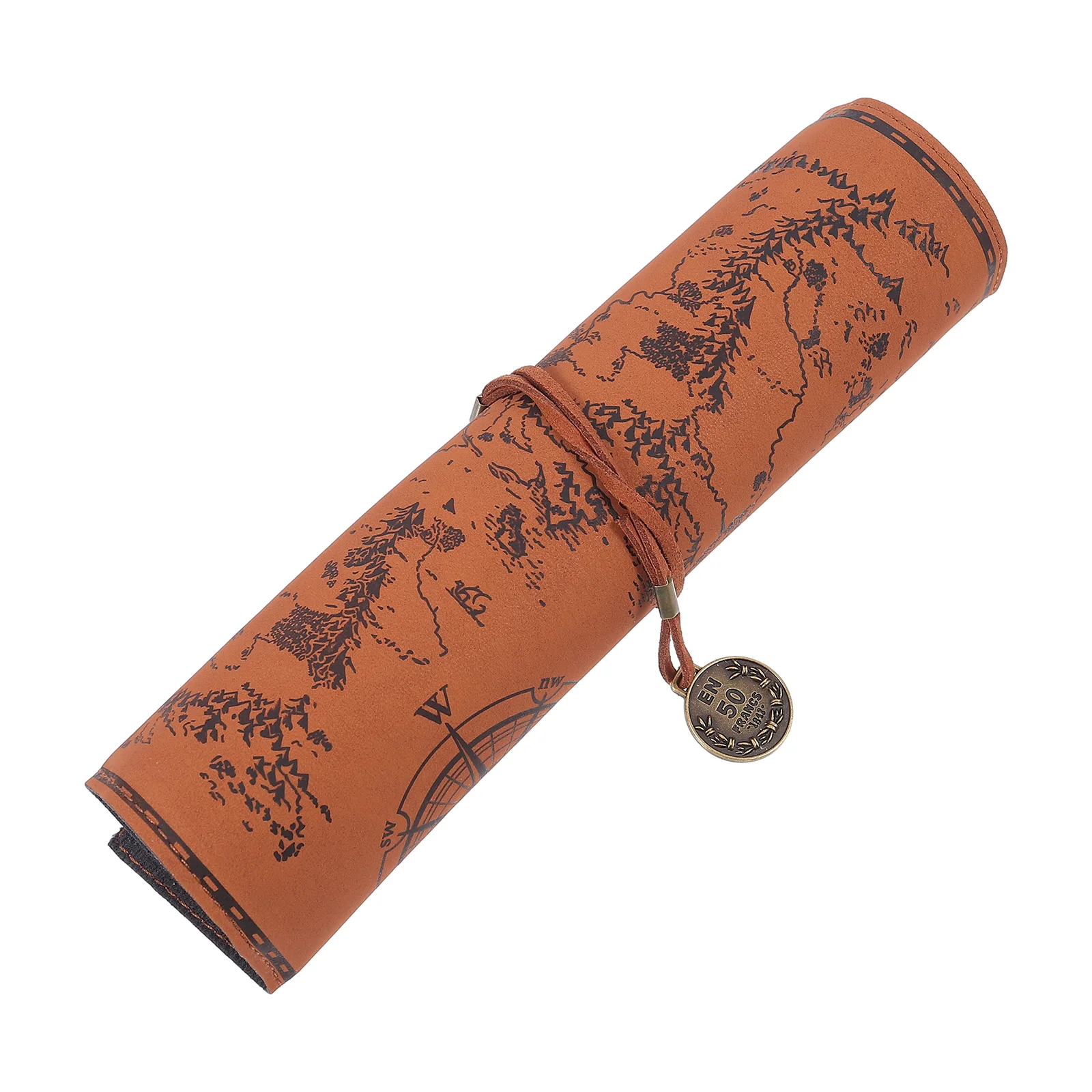 

Retro Canvas Pen Bag Pencil Case Organizer School Pouch Stylus Pens Portable Brown Map Design Foldable Strap Large