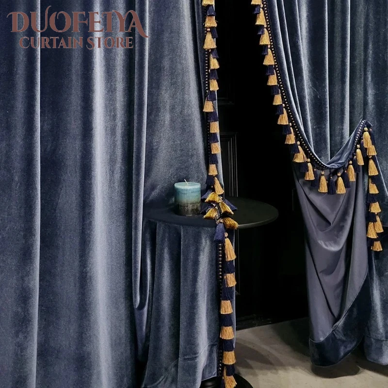 

French Luxury Gray-blue Curtains for Living Room Bedroom American Blackout Velvet Curtain High-end Villa Window Screen Custom