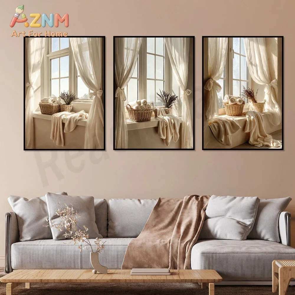 AZNM Warm Window Scene Canvas Wall Art Print Beige Curtain Basket Dried Flower Soft Light Poster Unframed Canvas Painting for Li