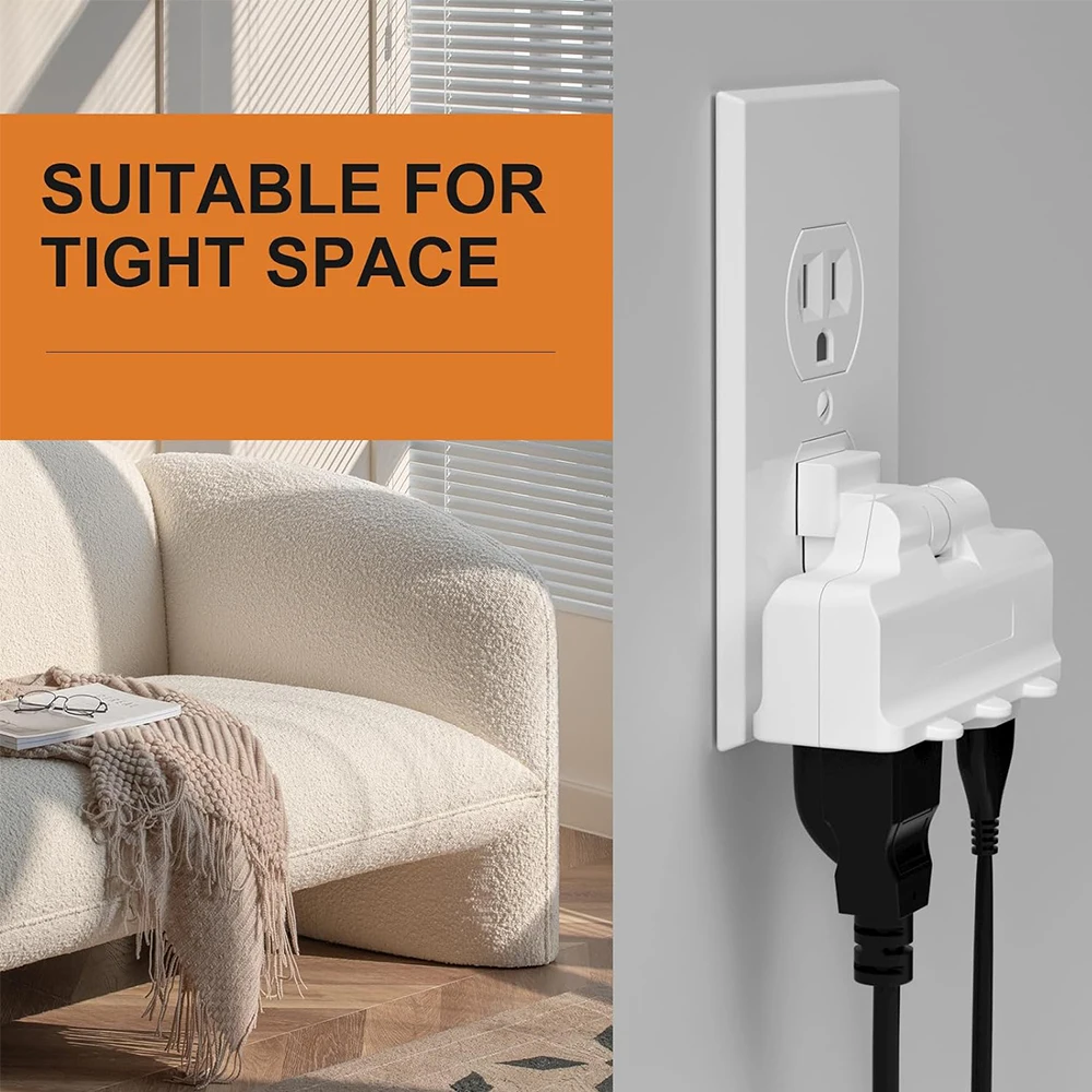 3 Outlet Wall Adapter,180 Degree Swivel， ETL Listed 3-Prong Grounded Indoor USA Plug Wall Outlet Extender Tap White